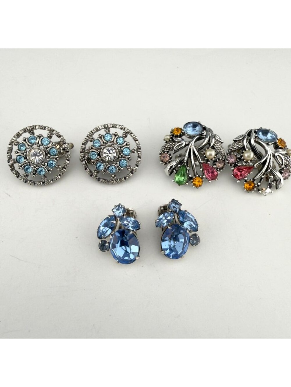 Vintage Rhinestone Earrings Silver Tone Blue Crystal Clip On Set of 3